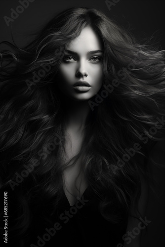 A black and white photo of a very long haired woman