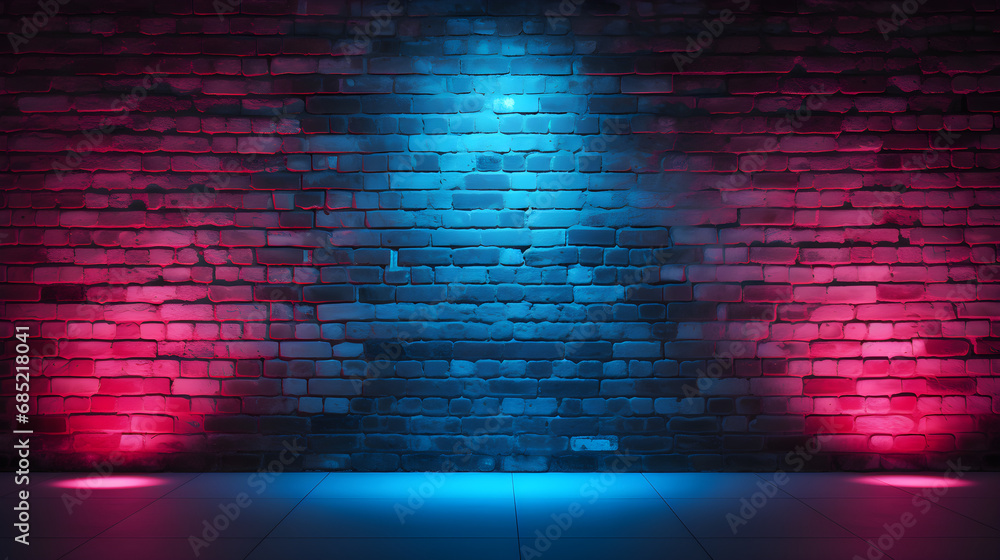 Neon light on brick walls that are not plastered background and texture. Lighting effect red and blue neon background. Neon light on brick walls that are not plastered background and texture. Lighting effect red and blue neon background.