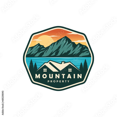 Logo design template for house rental on the lake with mountain. home logo construction. house mountain logo template Vector illustration