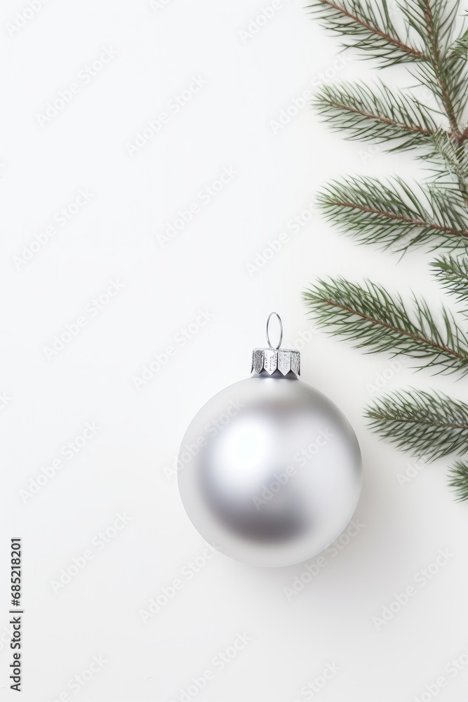 All white background with a minimalist silver bauble flat lay AI generated illustration All white background with a minimalist silver bauble flat lay AI generated illustration