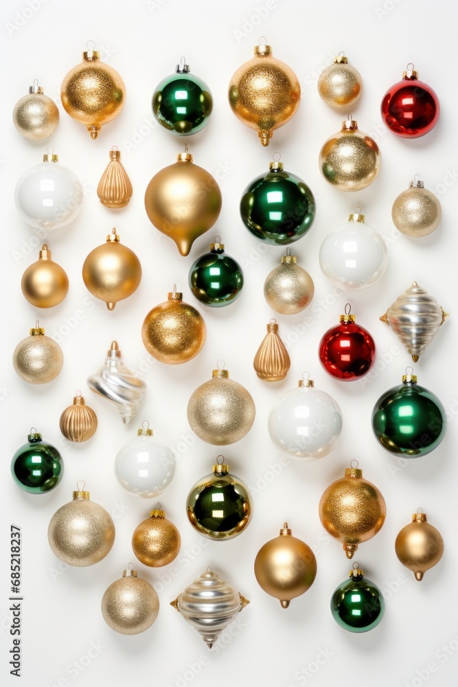 An aerial view of stark Christmas ornaments arranged on a white background AI generated illustration An aerial view of stark Christmas ornaments arranged on a white background AI generated illustration