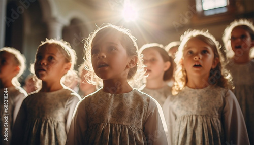 children's choir singing in church, wearing traditional choir clothes. Kids singing in catholic church with sunlight through window photo