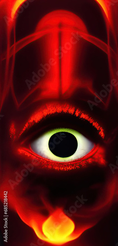 illustration of an eye, with red elements and fire flame below