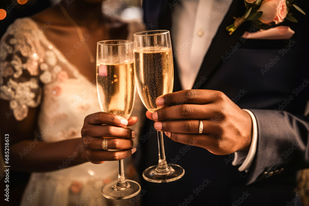 Couples clinking wine glasses at a wedding with abstract bokeh light party background.