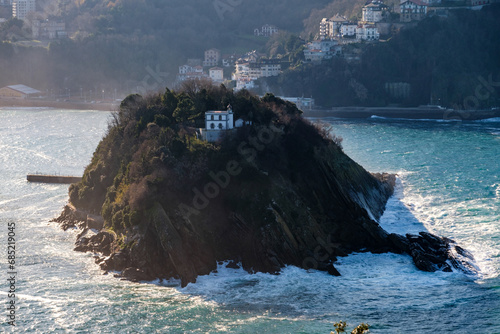 View of Santa Clara Island (Isla de Santa Clara) and Monte Igueldo from Monte Urgull, Donostia-San Sebastián, Spain