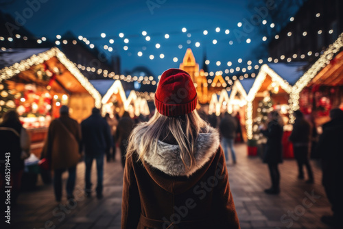 Woman standing in front of bustling Christmas market. This image can be used to capture festive atmosphere and excitement of holiday shopping. © vefimov