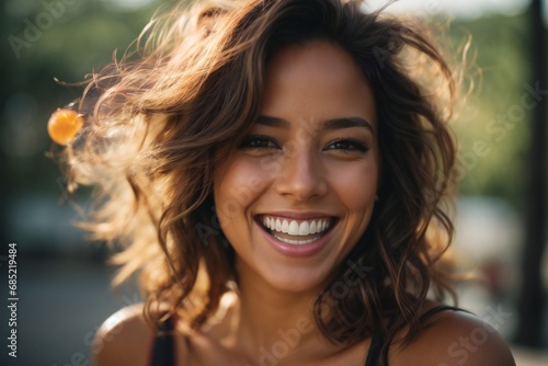 Portrait of a young woman smiling with happiness and looking at the camera. Closeup of a girl with a perfect gummy smile.