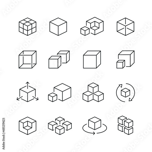 Vector line set of icons related with cubes. Simple outline sign.
