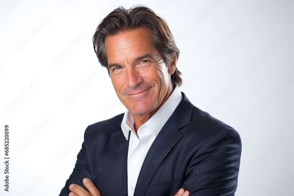 Man wearing suit, standing with his arms crossed. Professional and confident man business, leadership, or success in various projects or presentations.