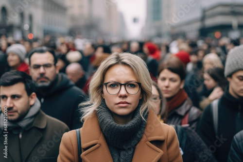 Woman wearing glasses stands confidently in front of large crowd. This image can be used to represent leadership, public speaking, or standing out from crowd.