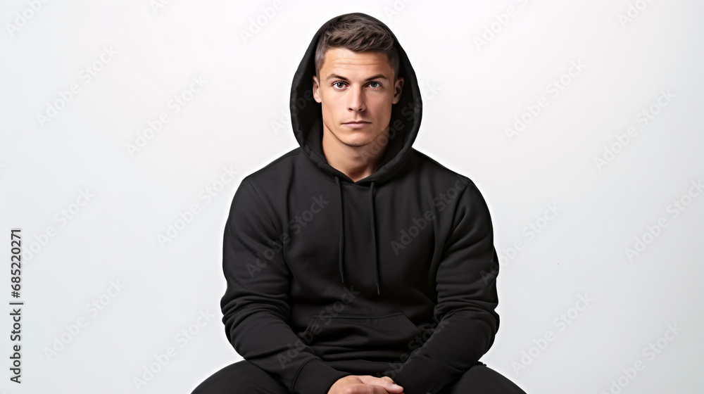 Portrait of an athletic man sitting and looking at the camera on a white background Portrait of an athletic man sitting and looking at the camera on a white background