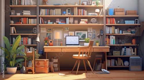 A home interior background featuring a stylish home office with a large desk, ergonomic chair, and shelves filled with books, offering a productive and organized workspace