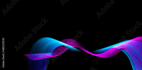 Abstract neon metallic pink and blue waves curvy lines on black background. Technology data. High quality photo