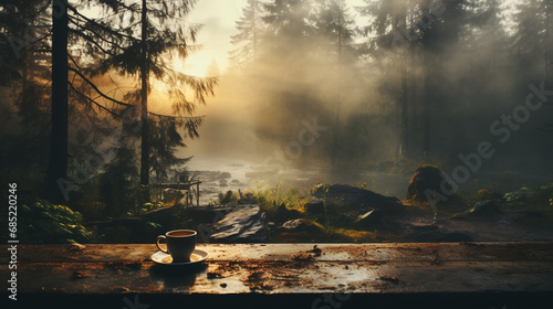 retro style photo shot of a cozy morning landscape with cup of coffee analog film with nostalgia vibes in serene shades