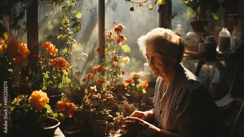 authentic style photo shot of a granny in the garden analog film with nostalgia vibes in serene shades © elementalicious
