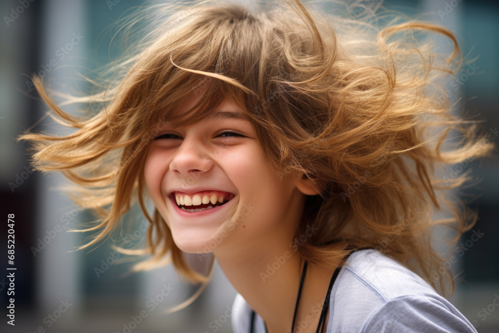 Young girl with joyful expression on her face, her hair blowing in wind. Perfect for capturing carefree and happy moments. Young girl with joyful expression on her face, her hair blowing in wind. Perfect for capturing carefree and happy moments.