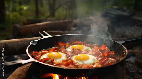 Camping breakfast with bacon and eggs in a cast iron skillet. Fried eggs with bacon in a pan in the forest. Food at the camp. Scrambled eggs with bacon on fire. Picnic 