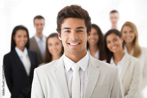 Professional man in suit confidently stands in front of diverse group of people. This image can be used to represent leadership, teamwork, or business meetings.