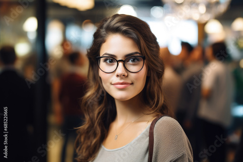 Woman wearing glasses stands confidently in front of diverse group of people. This image can be used to represent leadership, public speaking, teamwork, or professional presentations.