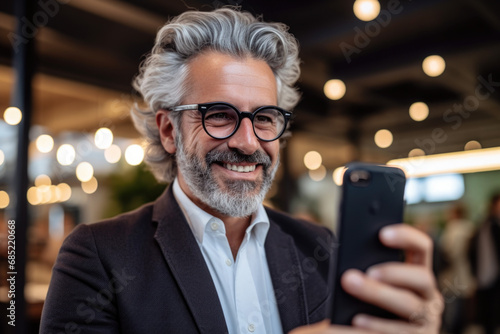 Man with beard and glasses is holding cell phone. This image can be used to depict technology, communication, or business concepts.