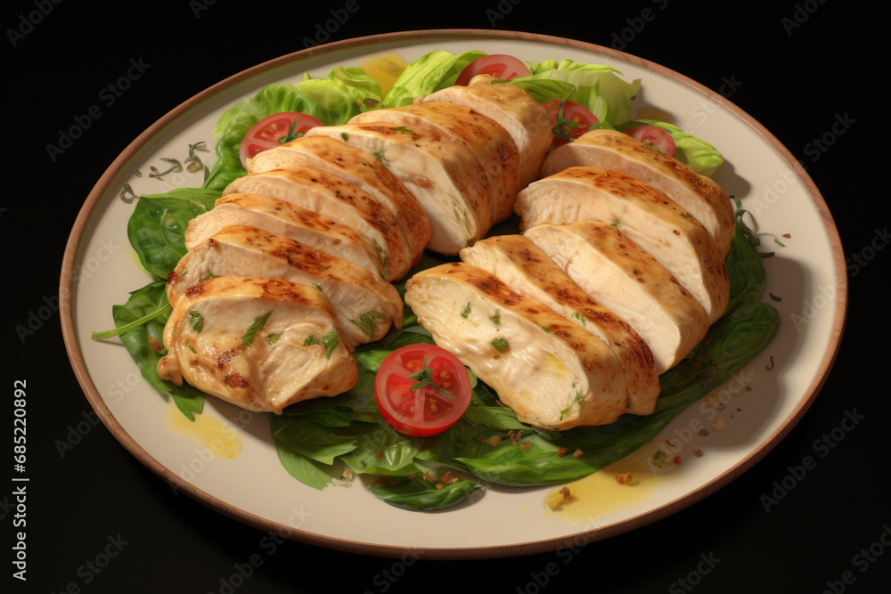 White plate filled with delicious assortment of chicken and fresh vegetables. Perfect for healthy and satisfying meal.