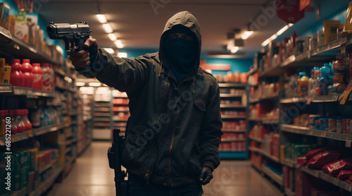 A gangster robs a supermarket with his weapon photo
