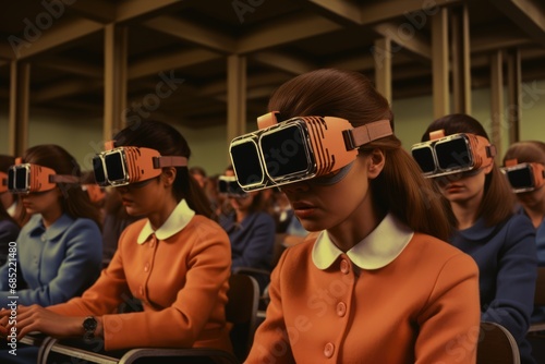 retrofuturism, students their heads adorned with sleek and futuristic helmets photo