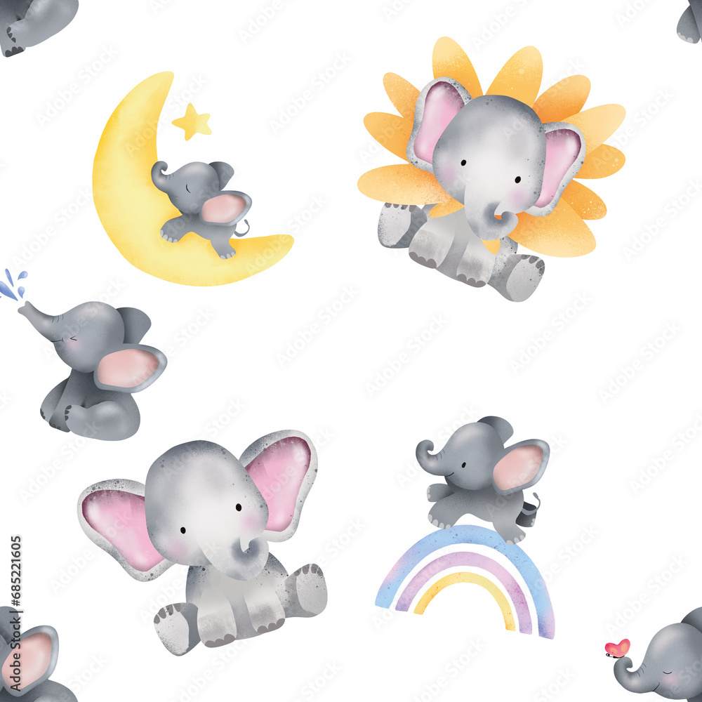 Cute Cartoon watercolor elephant nursery art seamless pattern textile walpaper Generative AI Cute Cartoon watercolor elephant nursery art seamless pattern textile walpaper Generative AI