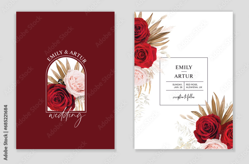 Bohemian red color wedding invite, save the date card greeting. Rose, dry palm branch, beige pampas grass, white leaves bouquet decoration. Winter editable watercolor vintage style vector illustration Bohemian red color wedding invite, save the date card greeting. Rose, dry palm branch, beige pampas grass, white leaves bouquet decoration. Winter editable watercolor vintage style vector illustration