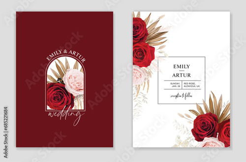 Bohemian red color wedding invite, save the date card greeting. Rose, dry palm branch, beige pampas grass, white leaves bouquet decoration. Winter editable watercolor vintage style vector illustration