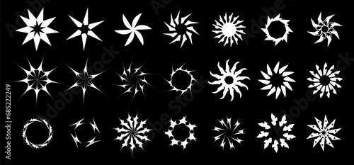 Assorted Vector Starburst Set for Dynamic Designs and Decorations. Сyber, neo tribal, acid, brutalist mandalas elements. Isolated vector illustration