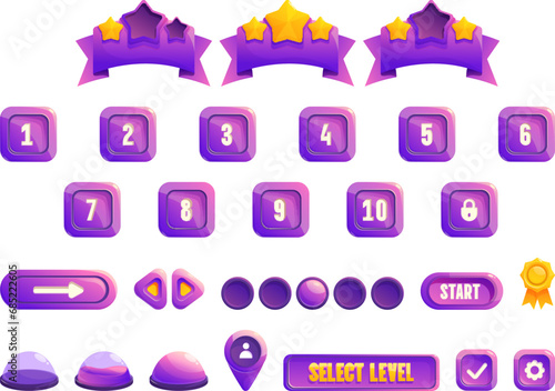 Select game level icons set cartoon vector. Indicator pointer locked. Complete star rating