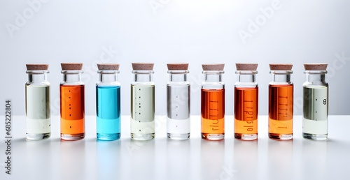 Assorted Glass Bottles Filled with Vibrant Colored Liquids and Cork Stoppers - Creative Still Life Photography Generative AI