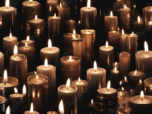 A group of lit candles amidst festive decorations, casting a warm, serene, and magical atmosphere 