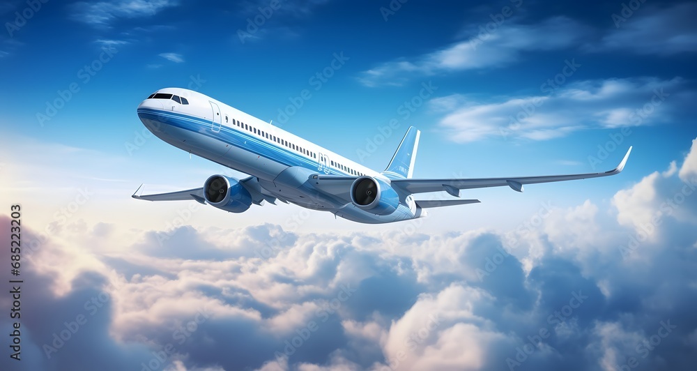 Araflane soaring through the blue sky with fluffy clouds and a radiant sun shining in the background. Generative AI Araflane soaring through the blue sky with fluffy clouds and a radiant sun shining in the background. Generative AI