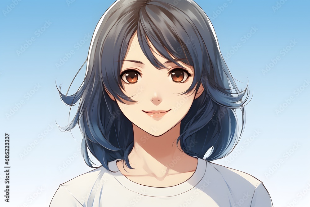 Serene and Confident Anime Girl with Blue Hair and White Shirt Gazing Directly at the Camera Generative AI Serene and Confident Anime Girl with Blue Hair and White Shirt Gazing Directly at the Camera Generative AI