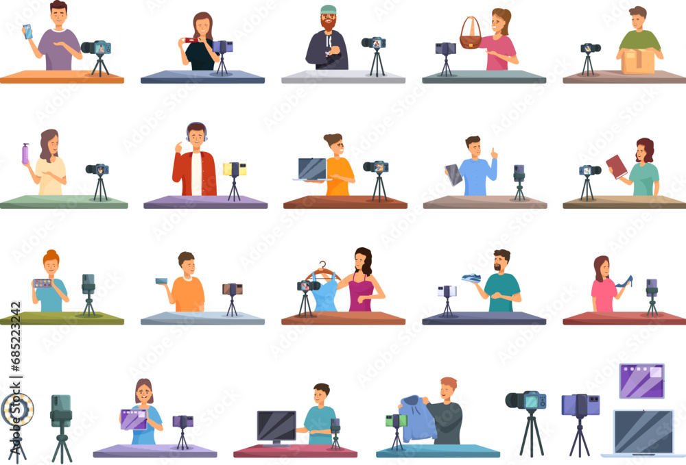 Product review blogger icons set cartoon vector. Internet content vlog. Camera record creator Product review blogger icons set cartoon vector. Internet content vlog. Camera record creator
