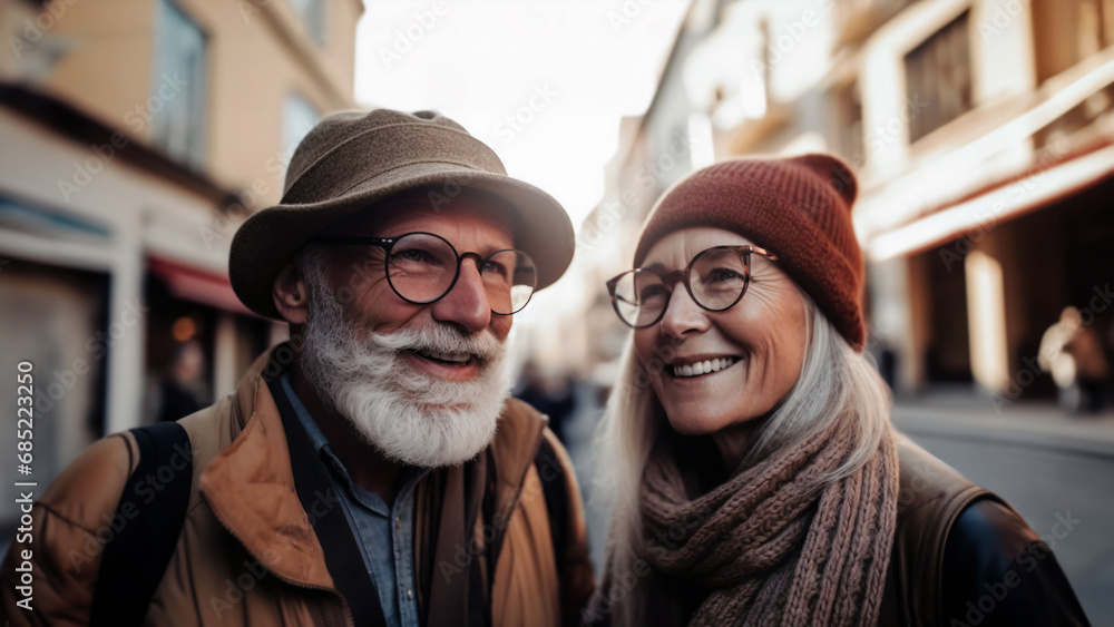 Smiling happy senior couple, clad in warm hats and scarves, enjoys a leisurely walk on a busy urban street. Concept of strong bond, happy old age and the pleasure of life's simple moments together