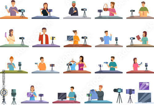 Product review blogger icons set cartoon vector. Internet content vlog. Camera record creator