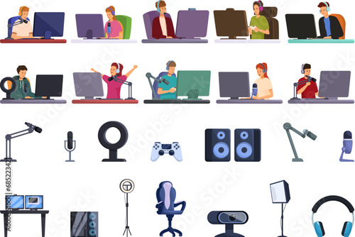 Streamer character icons set cartoon vector. Game video computer. Channel process media