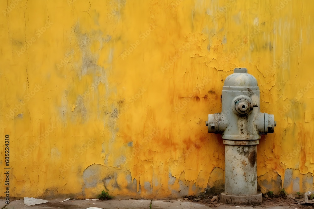 Rustic Fire Hydrant Standing Out Against a Vibrant Yellow Wall with Grungy Flooring Generative AI