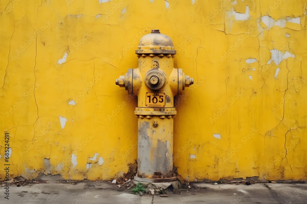 Bright Yellow Fire Hydrant with Number Plate Standing Against Matching Yellow Wall in Urban Setting Generative AI Bright Yellow Fire Hydrant with Number Plate Standing Against Matching Yellow Wall in Urban Setting Generative AI