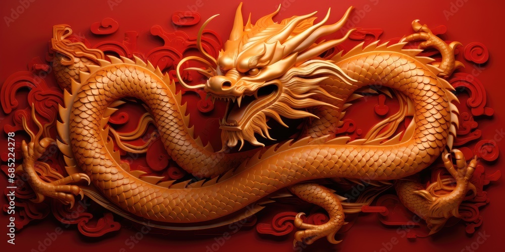 a golden dragon on red background Generative Ai a golden dragon on red background Generative Ai