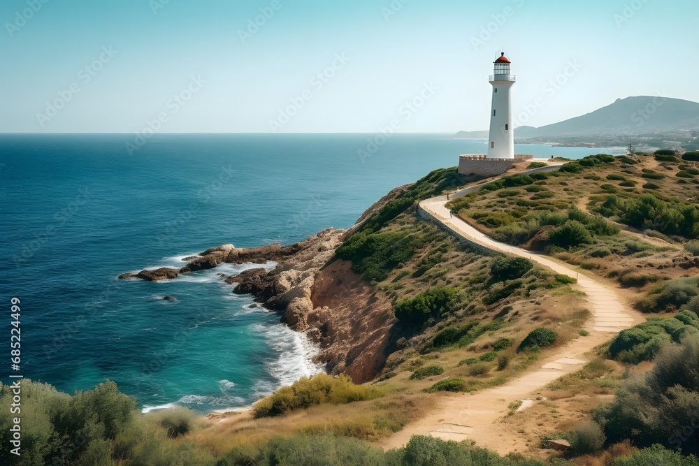 Scenic View of Majestic Lighthouse perched on a Cliff overlooking the Vast Ocean Waters Generative AI