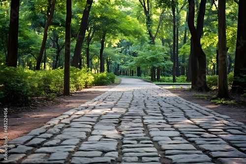 Serene Stone Pathway Leading Through Lush Greenery in a Peaceful Park Setting Generative AI