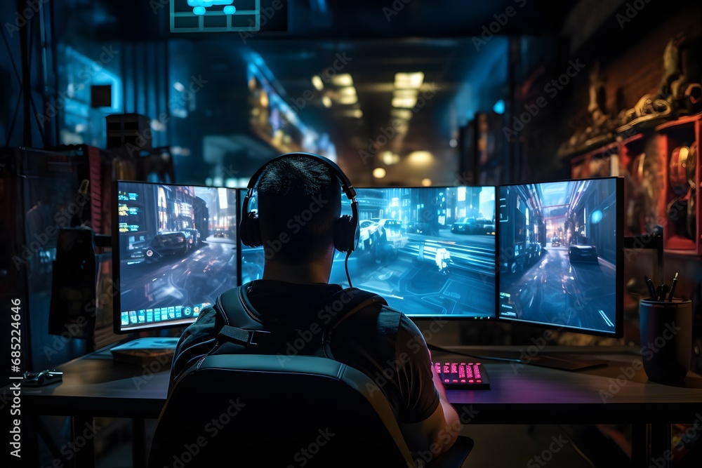 Focused businessman working on multiple screens at his desk in modern office environment Generative AI Focused businessman working on multiple screens at his desk in modern office environment Generative AI