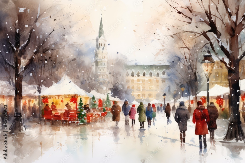 Christmas Street Market Watercolor - A whimsical watercolor painting of a bustling Christmas street market, filled with stalls selling holiday treats and gifts, and people bundled up in - AI Generated