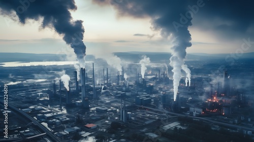 Industrial Pollution Smoke Billowing from Factory Chimney in Urban Environment Generative AI