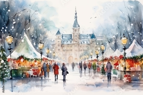 Christmas Street Market Watercolor - A whimsical watercolor painting of a bustling Christmas street market, filled with stalls selling holiday treats and gifts, and people bundled up in - AI Generated