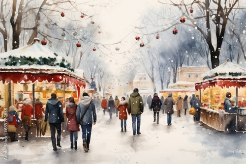 Christmas Street Market Watercolor - A whimsical watercolor painting of a bustling Christmas street market, filled with stalls selling holiday treats and gifts, and people bundled up in - AI Generated